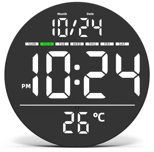 Azyh Reloj de Pared Digital, Reloj de Pared con Gran Pantalla LED, Moderno Reloj Digital eléctrico con Brillo automático, Reloj Digital con Fecha, Reloj de salón, 21 x 21 cm, Adaptador de Corriente