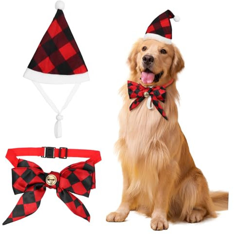 Abaodam Weihnachtsoutfit Für Hunde Und Katzen Mit Hut Und Fliege Bequemes Polyester-Material Geeignet Für Kleine Haustiere Wie Kätzchen Und Welpen