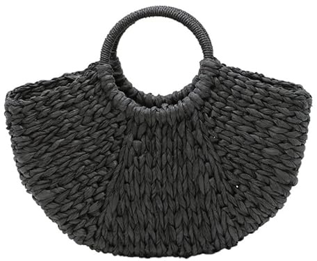 MITINGER Korbtaschen Damen,Strohtasche Casual Rattan Frauen Handtaschen Designer Sommer Strand Stroh Taschen Wicker gewebt Große Tote Damen Reise Geldbörsen Tasche(Black)