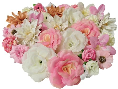 CIRenchen 42 Stück Kunstblumen zum Basteln Künstliche Blumenköpfe 3~8cm, Mini Deko Blumen Künstlich Mini Seidenblumen für DIY-Bastelarbeiten Hochzeitsdeko Tortendeko und Scrapbooking (Rosa + Weiß)