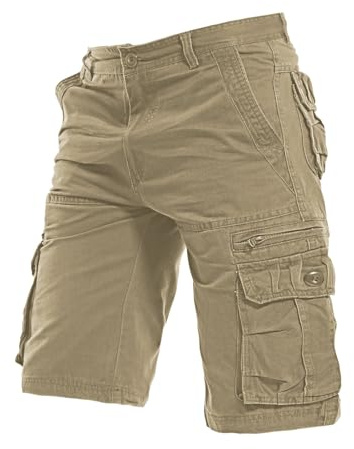 Sportshorts herr cargobyxor elastisk midja sommar shorts andas lätta smala passform korta byxor arbete enfärgade bermudashorts flera fickor klassisk vandring shorts med sidofickor, Khaki, 5XL