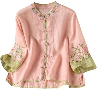 Clearance Womens Chinese Style T-Shirt Ladies Floral Embroidered Tshirts 3/4 Sleeve Tee Round Neck Blouses Lightweight Shirt Comfy Casual Coat Baggy Jacket Elegant Outerwear Holiday Travelling Tops