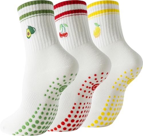 BONANGEL Pilates Socken Rutschfeste Socken Damen 36-40 Yoga Socken | Baumwolle Antirutschsocken Yoga mit Gestickten Fruchtmustern Fitness Gymnastik Stoppersocken für Frauen 3 Paar
