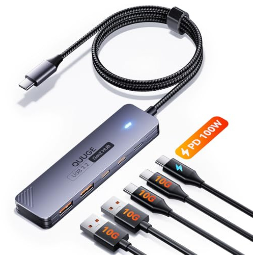 QUUGE USB C Hub 10 Gbps, PD100W, 2 USB-C & 2 USB-A 3.2 Datenports, Multiport Adapter mit 100cm Nylon-Kabel Kompatibel für iPhone 17/16, MacBook, iPad, Surface Laptop