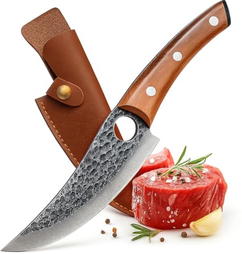 Plantiful Gardens Küchenmesser mit Fingerloch & Holzgriff, scharfes Kochmesser inkl. veganer Lederhülle – Ausbeinmesser für Fleisch, Gemüse, BBQ & Outdoor, Geschenkidee