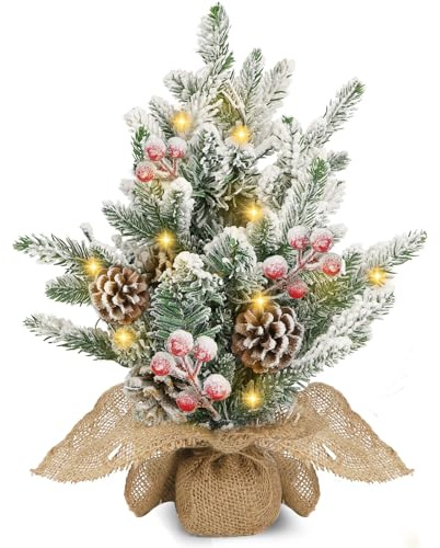 Aigostar Albero di Natale con Luci Incorporate 35cm, Albero Decorato Piccolo Innevato, Pigne e Bacche Rosse, Perfetto per Soggiorno, Camera da Letto o Cameretta