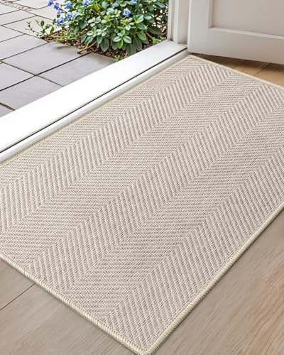 COLOR&GEOMETRY Ultra Thin Indoor Door Mat 43 x 76 cm, Machine Washable Front Door Mat Non Slip, Low Profile Entrance Mat Indoor, Absorbent Carpet for Inside, Entry, Entryway, White Beige (FOLD)