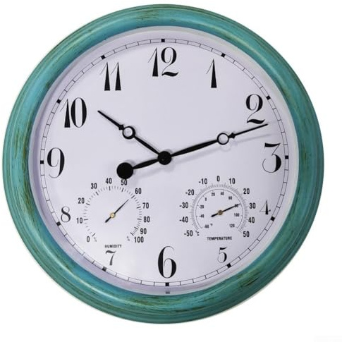 Linnkyfloa 15 Zoll Outdoor Wanduhr Wasserdicht Kunststoff Terrasse Garten Uhr mit Thermometer und Hygrometer Große Leicht ablesbare Zahlen Wetterbeständige Batterie