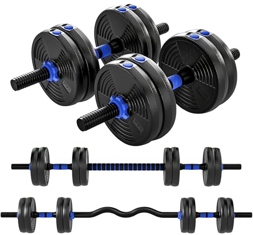 SPORTNOW Kit Haltères Musculation Réglables 15 kg, 3 en 1, Ensemble de Poids Réglable avec Barre d'Extension, Poignée Antidérapante, Revêtement Plastique, Fitness, Musculation, Bleu et Noir