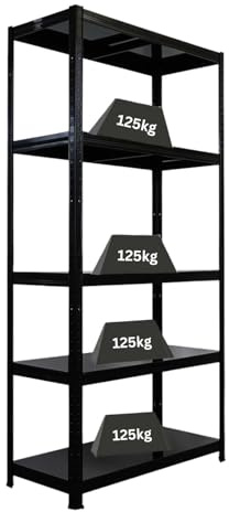 PROREGAL Schwerlastregal Ragnar für Gesamtlast 625kg Maße: 180x90x40, 5 Stahlplatten-Ebenen, Schwarz, Kellerregal Metallböden, Steckregal, Garagenregal, Lagerregal