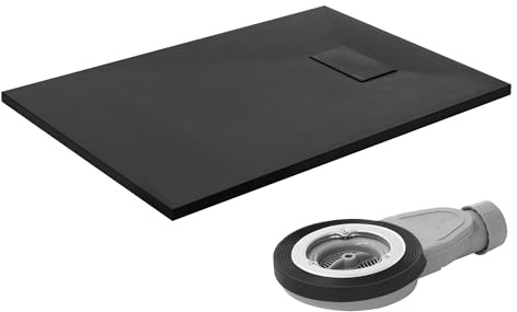 LuxeBath Duschwanne 100x70 cm Schwarz mit Ablaufgarnitur, Extra flache & robuste SMC Duschtasse, Rechteckige Brausewanne H:30 mm, Design Brausetasse Anti-Rutsch-Oberfläche in Schieferoptik mit Siphon