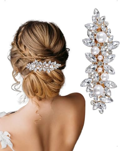KONFEN Fermaglio per capelli con strass e perla, Accessorio per capelli da sposa argentato, Spilla gioiello con cristalli scintillanti fiori fantasia per matrimonio damigella d'onore lungo, dorato