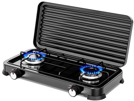 Cocina de gas portátil de 2 fuego con parrilla. Apta para butano y propano. Con tapa protectora extraíble. Ideal para camping. Ocupa poco espacio