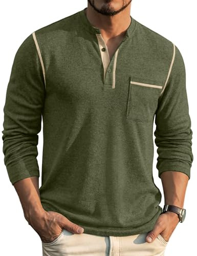 COOFANDY Henleyshirt herr långärmad t-shirts | 3-knappslist, T-shirts med fickor, T-shirt med knapprad, räfflad hals, mikrofleece-tyg, fritid, arbete