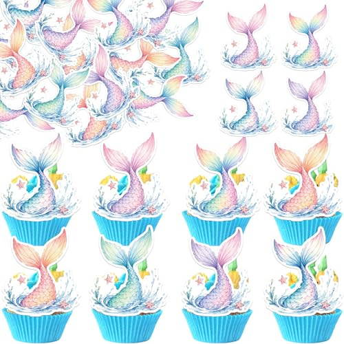 Xsstarmi 60 Packung Essbare Meerjungfrau Tortendeko Geburtstag Deko Meerjungfrau Cupcake Toppers Kuchen Dekoration für Kindergeburtstag Unter Dem Meer Party Geburtstagstorten
