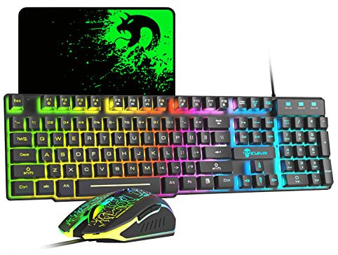 Juego de teclado y mouse para juegos con cable 12 modos de iluminación RGB 104 teclas Teclado iluminado anti-ghosting completo 2400 DPI 6 botones Ratón óptico USB para juegos Compatible con PS4 Negro
