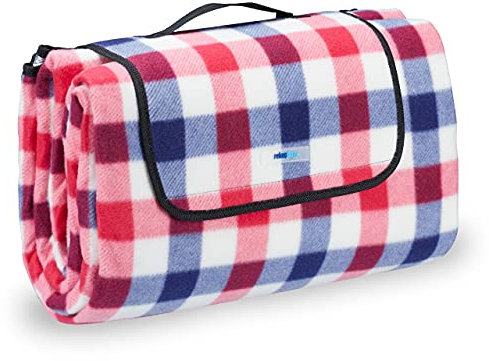 Relaxdays Picknickdecke Fleece, wasserdichte Stranddecke, wärmeisoliert, mit Tragegriff, XXL 200x200cm, rot-blau kariert