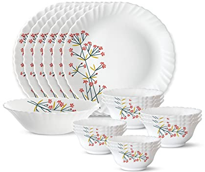 Larah Set med julservis, 19 st, servis för 6, vita tallrikar och skålar, opalware (tjockare än keramik) fläck- och flisbeständiga tallrikar, mikrovågsugns- och diskmaskinssäkra middagstallrikar, röd