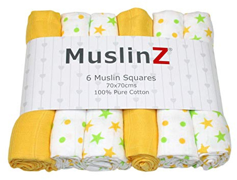 6-pack muslindukar för bebisen från MuslinZ, rapduk, dregelduk, amningsskydd, 70 x 70 cm, ren bomull, absorberande och ventilerande (gula stjärnor)