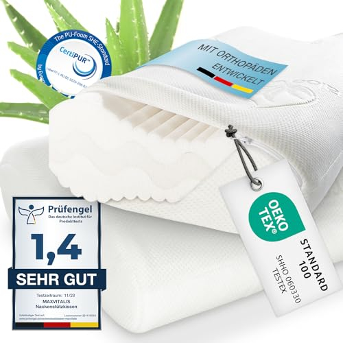 ELONEO 2er-Set Nackenstützkissen 4-fache Höhenanpassung, Kopfkissen anatomisches Kissen mit Memory Foam inkl. Aloe Vera Klima-Bezug 60 x 35 cm, Viskoschaum