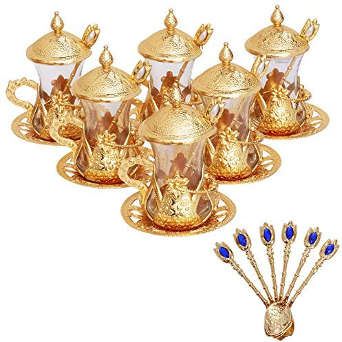 Alisveristime Handgefertigtes türkisches Teeglas-Set - Traditionelle türkische Motive, 6er-Set mit Deckel und Bonus Teelöffel (Gold)