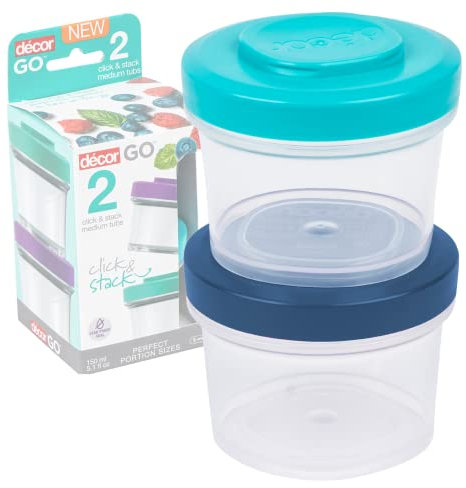 Décor Go Click & Stack Snack Tubs, 2 Pack Leakproof Food Storage Containers, Snack Tubs for Adults and Kids, Freezer & Microwave Safe, 150ml x 2 - clear base and assorted colour lids
