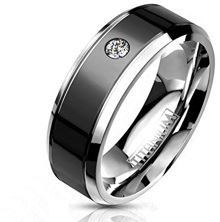 Paula & Fritz® Ring Damen Zirkonia Klar Titan-IUM Größe 59 (18,8) - 70 (22,3) Silber-schwarz 8-mm breit Partnerring Ehering Verlobungsring Herrenring
