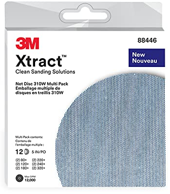 3M Xtract Net Disc 310W, 5 in, 12 Piece Multi-Pack Hook and Loop Sanding, 80+, 120+, 180+, 220+, 240+, 320+, Virtually Dust-Free, Assorted Grades, 88446, Blue, 5 Inch