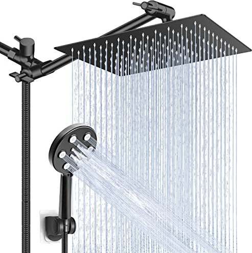 Black Rain Shower Head with Handheld Spray Combo - 12'' High Pressure Shower Heads with 11'' Extension Arm, 6 Spray Settings, Anti-Leak, Height/Angle Adjustable, 60 Hose, Power Wash Built-In