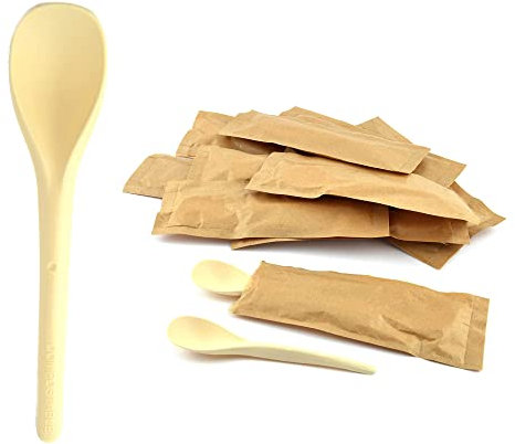 Lot de 200 cuillères à café 12 cm en bois couleur havane biodégradables compostables emballées individuellement, pour apéritif, ouverture et hAPPY HOUR, pour glace et yaourt, cuillère bio