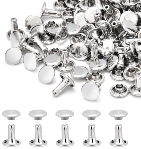 200 juegos de remaches redondos de doble tapa de 8 mm, remaches de cuero, remaches tubulares de metal para bolsos, sombreros, zapatos, ropa, cuero, manualidades, reparación y decoración (plateado)