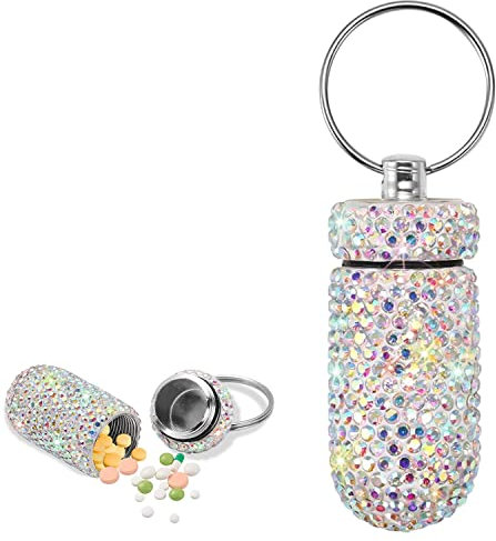 DARENYI Diamant Pillendose Schlüsselanhänger Wasserdicht Reise Pillenhalter Mini Metall Schlüsselanhänger Kleine Tablettendose Niedlich Schlüsselanhänger Tragbare Pillenbox