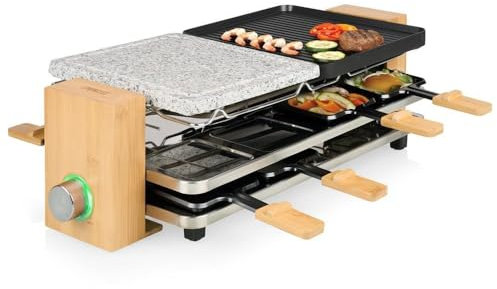 Princess Pure 8 Appareil à raclette revêtement anti-adhésif, 8 poêlons noir, pierre, bambou