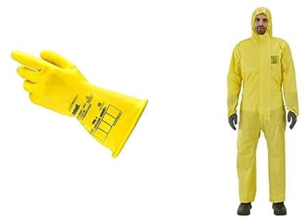 ActivArmr E014Y Guantes Aislantes Dieléctricos, (Class 0 Tensión 1000V), Amarillo, Talla XL (1 Par) + AlphaTec 2300 PLUS Mono de Trabajo con Capucha, Traje para Químicos, Amarillo, Tamaño XL 1 Unidad