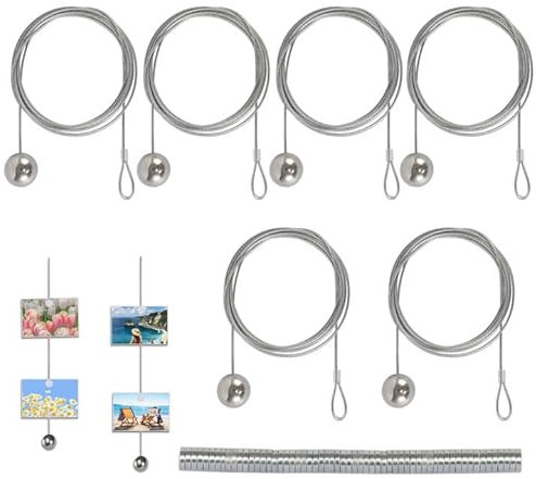 Fotoseil, 6 Stück Fotodrahtseil, Einstellbar Fotodrahtseil 2M * 1.5MM mit 72 Knopfmagnete Fotodraht mit Magneten Magnetisch Magnetseil zum Aufhängen Foto Postkarten Silber