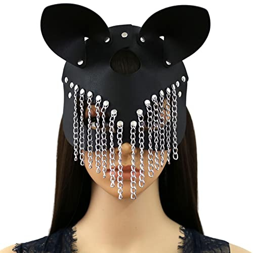 Cosplay Bunnymaske PU Leder Katze Kätzchen Maske Halbgesichtsmaske Kätzchen Ledermaske Make-Up Party Kostüm Zubehör für Halloween Fasching Ostern Karneval Party Christmas (Schwarz mit Kette)