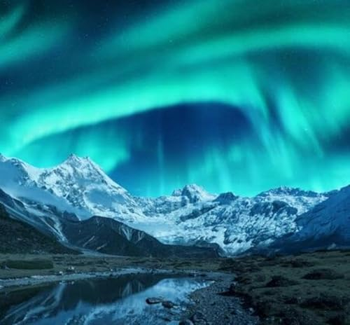 Póster de Aurora Borealis sobre las montañas nevadas, la costa del lago y el reflejo en el agua, aurora boreal (139165212)