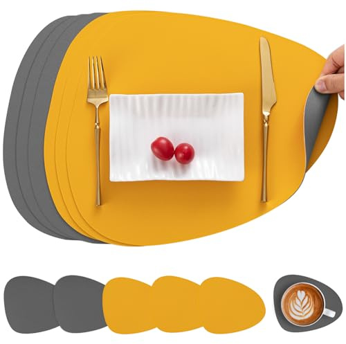 Myir JUN Tischsets abwaschbar doppelseitige Platzdeckchen abwaschbar | 6er Set Platzsets abwaschbar wasserdichte rutschfeste Oval Tischsets aus Kunstleder Untersetzer Teller in Lederoptik