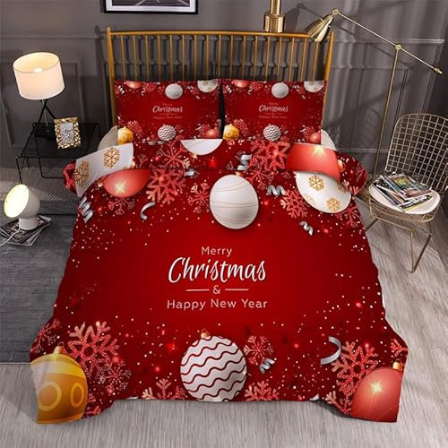 Syhi Qlty Bettwäsche 220X240 Winter Weich Microfaser Bettwäsche-Sets Weihnachts Rote Schneeflocken Deckenbezug 1 Bettbezug mit Reißverschluss und 2 Kissenbezug 80x80cm