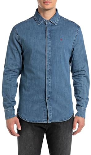 Replay jeansskjorta för män, smal passform, 009 medium blå, 3XL