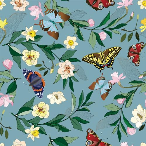 VEELIKE Tapete Blumen Blau Vintage Schmetterlinge Blumentapete Vintage Tapete Floral Selbstklebende Tapete Blumen Fototapete Schlafzimmer Tropische Blätter Möbelfolie Muster Tapeten Flur 44.5cm×300cm