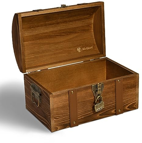 Heimfreude Schatztruhe Blackbeard 30x18,5x18,5cm aus massivem Kierfernholz mit Schloss für ein Geschenk, deko Holzkiste zur Aufbewahrung oder als Schatztruhe für eine Schatzsuche