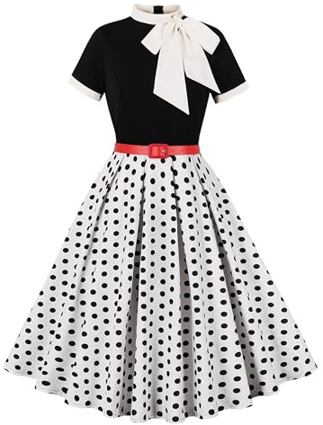 Wellwits damrosett hals polka prickar formell cocktail 50-tals vintage klänning, Vit, M