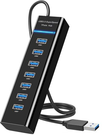 7 Port USB 3.0 Hub High-Speed Splitter for Laptop, Desktop, PC, PS5 & Xbox | Expands a single USB port into seven connections for convenient use with multiple accessories and everyday peripherals.