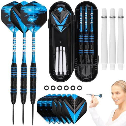 3 Stück Dartpfeile Metallspitze Profi Steeldarts 22gram Dartpfeile Steel Set Wolfram Stahl Darts mit 6 Flights+6 Anti-Lose Gummiring+Box, Dartpfeilen Steel-Dartpfeile für Anfänger, Dartspieler,Blau