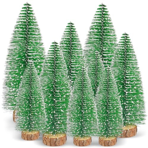 Auirshiky Mini Weihnachtsbaum Deko 9 Stück Deko Baum 3 Größen Deko Tannenbaum, Weihnachtsdeko Baum Klein mit Holzsockel, Miniatur Weihnachtsbaum mit Schnee-Effek DIY Grün Mini Tannenbaum 10/15/20 cm
