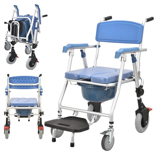 vanenferse Sedia da Toilette Comoda con Secchio Rimovibile, Sedia da Toilette Comoda sul Comodino Sedia a Rotelle per Anziani, Sgabello da Doccia Mobile Multifunzione con Sedile E Schienale Imbottiti