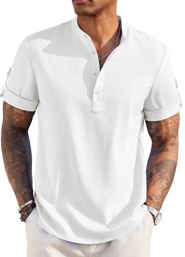 COOFANDY Kortärmad skjorta för män, sommar, Henley-skjorta, button down, casual strandskjorta, normal passform, fritidsskjorta