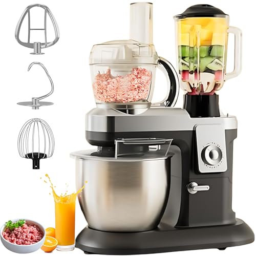 Batidora de pie Multifuncional 3 en 1, batidora de Cocina eléctrica de 1600 W con tazón de Acero Inoxidable de 6,5 l, Vaso para Jugo de 1,5 l y Vaso para picadora de Carne de 800 ml, batidora