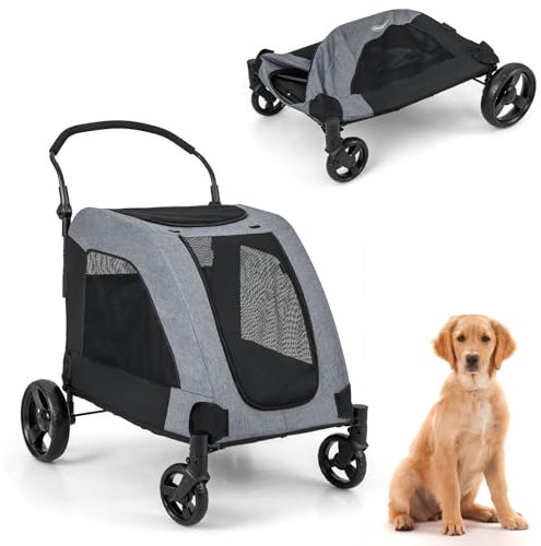 COSTWAY Hundewagen, Hundebuggy klappbar, bis 60 kg, Haustierwagen mit Vordertür & Netzfenstern & Griff, Haustiere Buggy Hundetrolley, für mittelgroße große Hunde Katzen, Grau, 67x98x121cm
